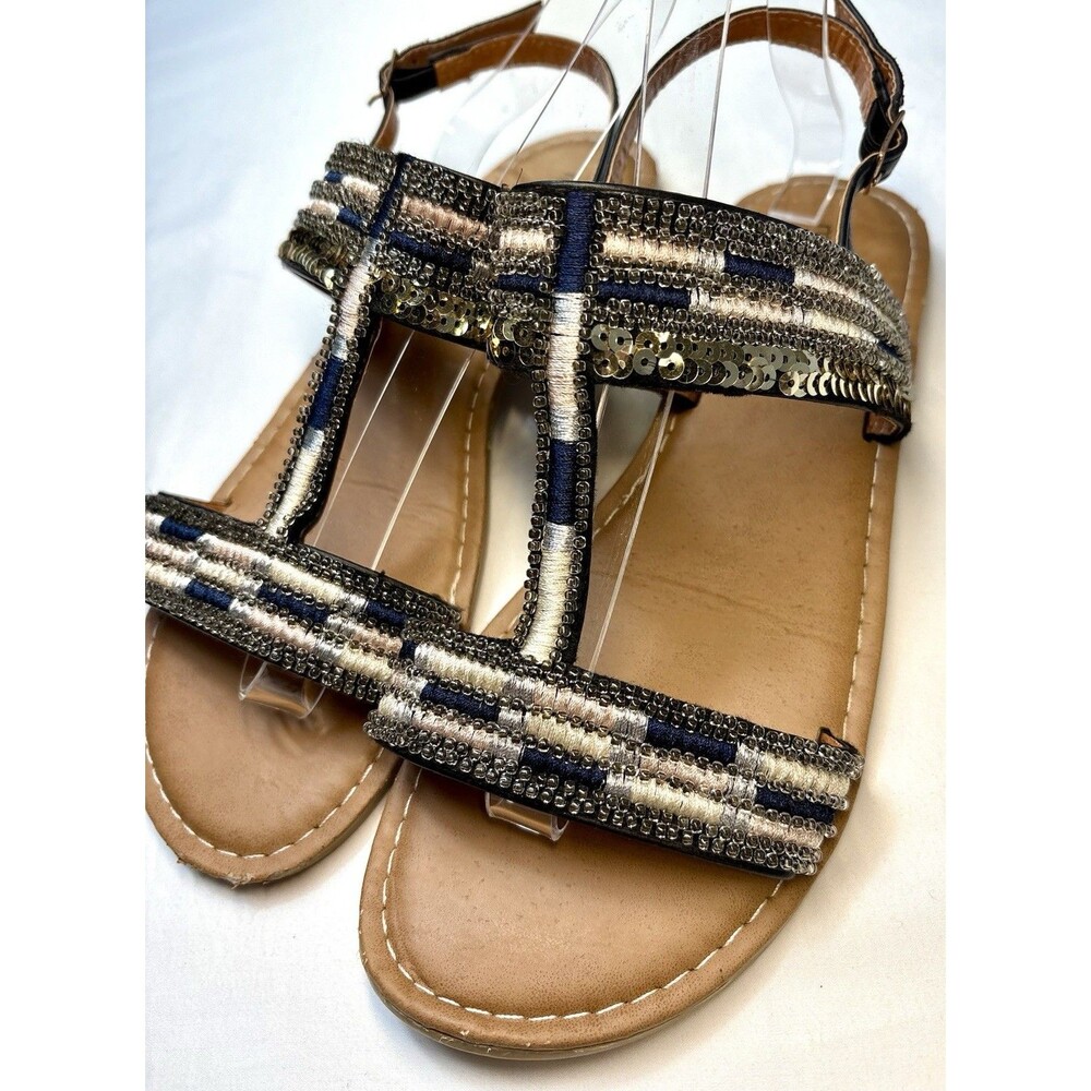 Maurices Tan Navy Black Striped Strappy Faux Leather Beaded Sandals 9
